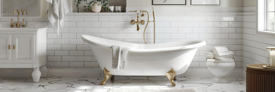 Elegant modern bathroom with a classic touch. White marble tiles, gold fixtures, and a clawfoot bathtub. Soft lighting, plush towels, and minimalist decor.