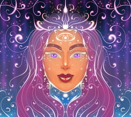 Mystical Goddess with Glowing Purple Aura and Stars