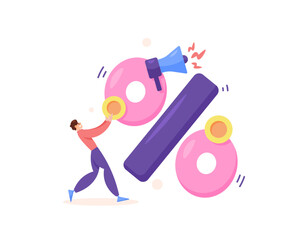 percent concept. offers and promotions. discount. percentage of profit, sales, success. illustration of man with percent, megaphone and coin symbols. illustration concept design. graphic elements