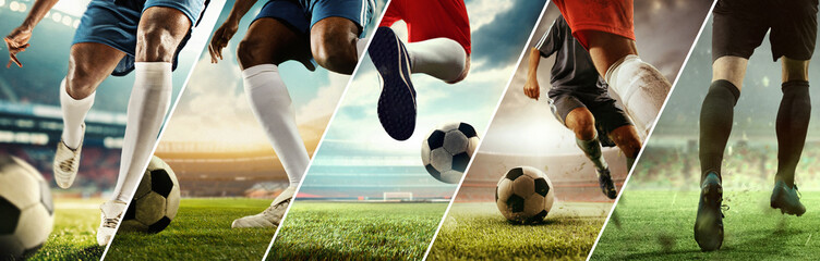 Opponents of field. Collage. Cropped image of male feet, soccer player in motion with ball during intense match on stadium. Concept of sport, competition, tournament, game, dynamics, determination