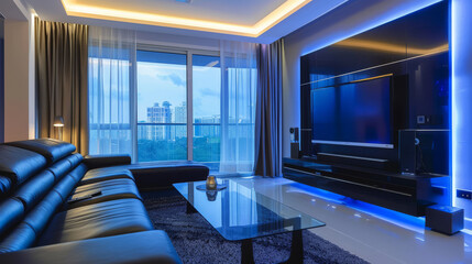 Luxurious modern living room with a high-tech feel. Black leather sofa, large smart TV, and glass coffee table. LED lighting, sleek decor, and floor-to-ceiling windows.
