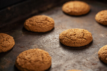 Oatmeal cookies on baking sheet. Fresh sweet pastries for tea. Homemade oatmeal sweets.