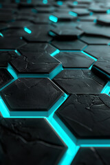 Fototapeta premium Matte black surface with glowing cyan hexagonal patterns: Bold and mysterious, great for sci-fi or modern designs, the black surface and cyan hexagons create a striking and advanced look