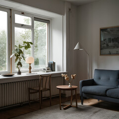 Fototapeta premium Wide angle room Living room with writing desk There is a decorative lamp next to the window in the minimalist room. Inside the room is a white tone