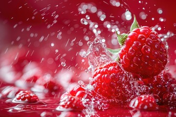 Raspberries in splashes of water on red background. A red raspberry falls into the water. Fruit. Berries