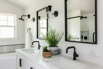 Fototapeta premium Minimalist modern bathroom with clean lines. White walls, black fixtures, and a floating vanity. Simple decor, large mirror, and potted plants.