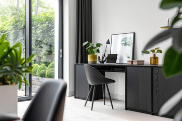 Minimalist modern work cabinet with clean lines. White walls, black desk, ergonomic chair, and large windows. Simple decor, potted plants, and soft lighting.