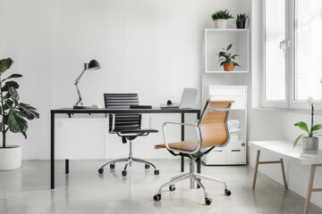 Minimalist modern work cabinet with clean lines. White walls, black desk, ergonomic chair, and large windows. Simple decor, potted plants, and soft lighting.