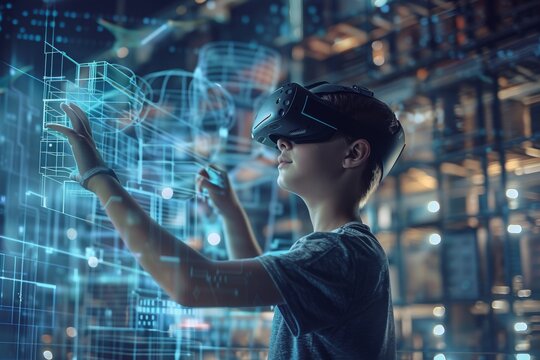 Innovative Gaming and Learning - User in Augmented Reality with VR Headset, Generative AI
