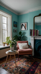 Wide angle picture of the room A living room with a book table by the window and a large mirror placed on the side of the room in a cutely decorated room
