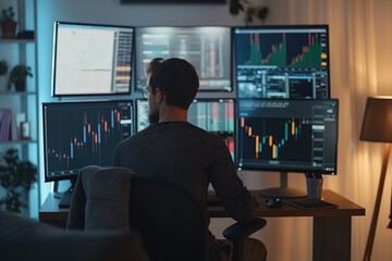 In the business office worker utilize monitors for finance analysis, tracking economic growth, stock market trends, and investment strategies for profit.