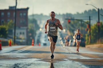 A determined runner races through the city streets, embodying vitality and endurance.