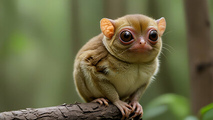 A Cute Little Tarsier sitting in the woods