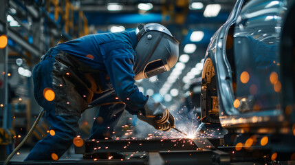 Experienced welder works on a welding machine at a car factory. A man with special clothes cooks a car at an industrial plant. Industry concept.