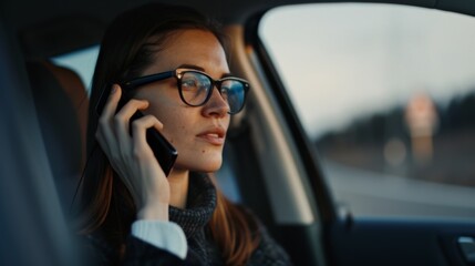 Young woman in glasses talking on smartphone while driving car. Modern communication and transportation