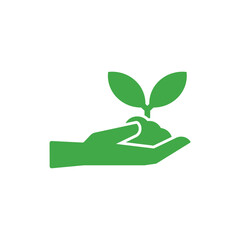 Plant in Hand Vector Agricultural Green Symbol on White Background. Ecology Flat Icon. Leaves, Soil and Palm Elements for Agro, Farming and Livestock business.