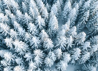 Aerial view of a snow-covered forest, a winter landscape background