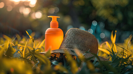 Sun Protection: Items like hats and sunscreen in outdoor with copy space.