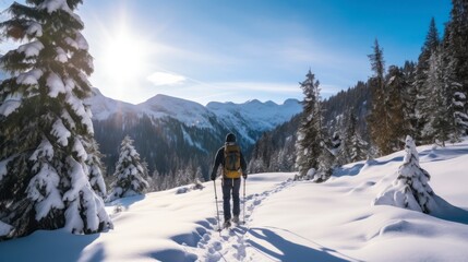 Winter hiking in the mountains on snowshoes with a backpack and tent.