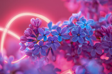 Vibrant Lilac Blooms Against a Pink Background with Neon Lights
