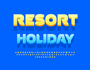 Vector advertising flyer Resort Holiday. Exclusive Yellow Font. Decorative Alphabet Letters and Numbers set.