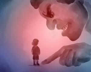 illustration of a man yelling at a child. conflict. inner child
