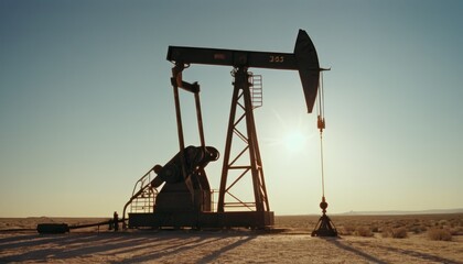 An oil extraction pumpjack working in the middle of a dry, expansive desert under a clear sky