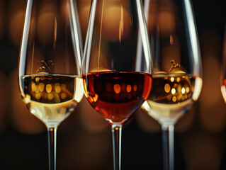 Close-up abstract images of wine glasses filled with red, white and rose wine on table