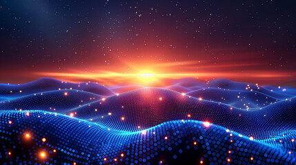 Obraz premium Sunrise over digital landscape of blue dots