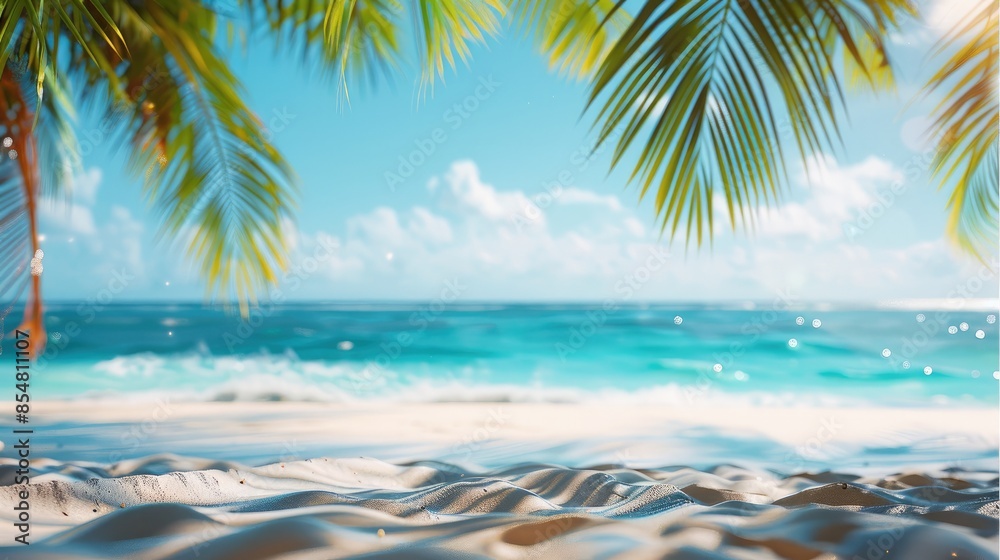 Poster blurred background of beautiful white sandy beach with palm trees and blue ocean water. summer vacat
