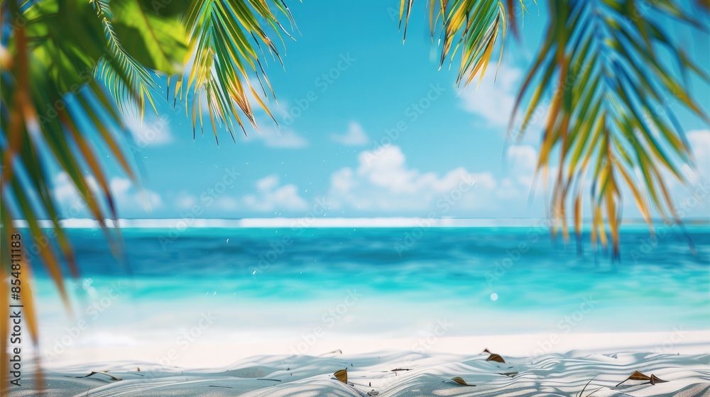 Aufkleber blurred background of beautiful white sandy beach with palm trees and blue ocean water. summer vacat