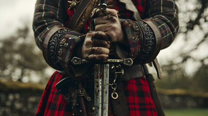 Close-up of a Scottish Highlander in traditional tartan and a claymore sword.


