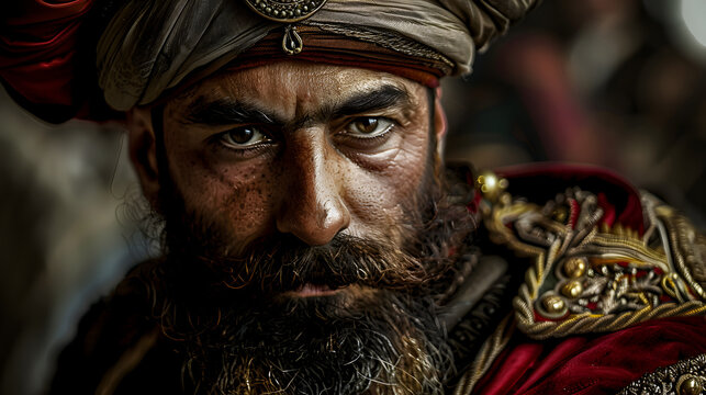 Close-up portrait of a Janissary warrior from the Ottoman Empire.


