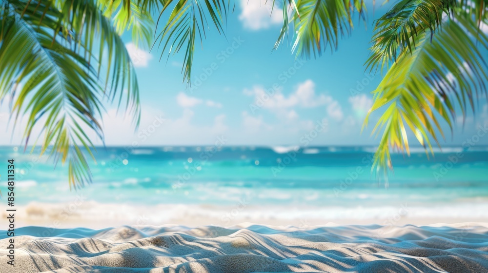Poster blurred background of beautiful white sandy beach with palm trees and blue ocean water. summer vacat