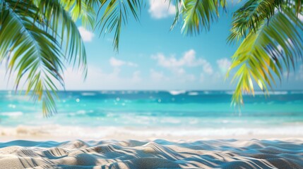 Blurred background of beautiful white sandy beach with palm trees and blue ocean water. summer vacation concept with copy space. Generative AI.