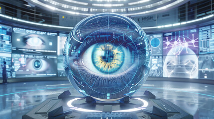 Futuristic eye in sphere, dark room with screens