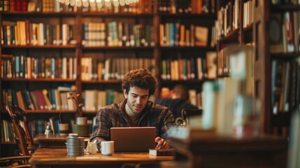 Cozy Bookstore CafÃ©: Remote Worker's Productive Haven with Coffee and Laptop in Warm, Inviting Setting