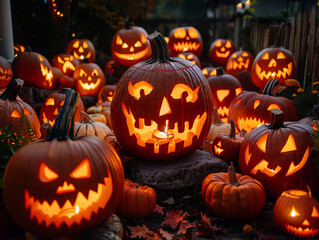 Fototapeta premium illuminated carved pumpkins with different evil faces in darkness at Halloween night