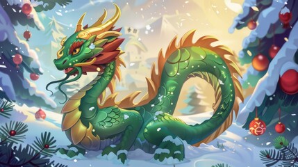 Festive Green Dragon in Snowy Wonderland, Generative AI