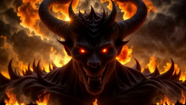 Demon With Burning Eyes and Horns in Fire