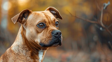 Obraz premium Portrait of a cute female Staffordshire Bull Terrier dog with a ginger coat and a sorrowful expression in a close up outdoor shot with space for text