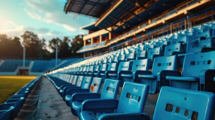 Fototapeta premium Rows of blue seats in an empty stadium during sunset, creating a serene and calm atmosphere.