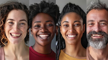 Four individuals of different races and ages smile brightly in a series of close-up portraits