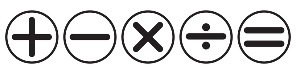 Addition, subtraction, multiplication, division, equal sign, icon symbol. Plus, minus, multiply, divide and equal sign icon design set. Mathematical symbol icon.  