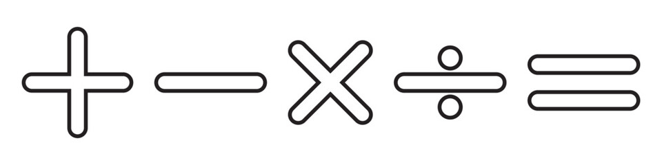 Mathematical and calculation Plus, minus, multiply, divide and equal sign icon design set. Addition, subtraction, multiplication, division, equal sign, icon symbol with stroke line. 