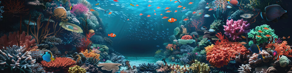 Fototapeta premium A vibrant underwater scene showcasing a diverse coral reef ecosystem teeming with colorful fish. The image captures the beauty and complexity of this delicate environment