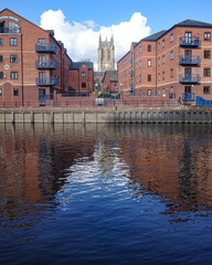 Leeds, UK - 24 Feb, 2024:  The River Aire and Leeds Waterfront