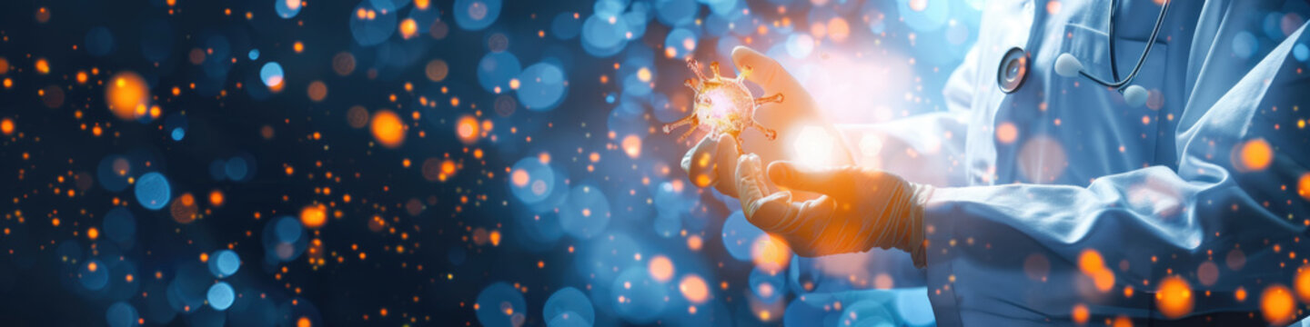 A doctor wearing a white coat and gloves holds a glowing model of a coronavirus in their hands