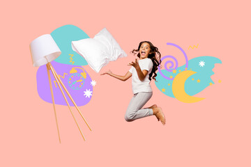 Creative collage picture happy young cheerful girl teen jumping daydream bedtime nap pillow moon imagination drawing background