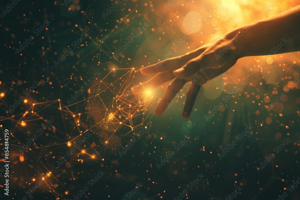 Poster interconnection of human and robotic hands in glowing data streams of a digital network